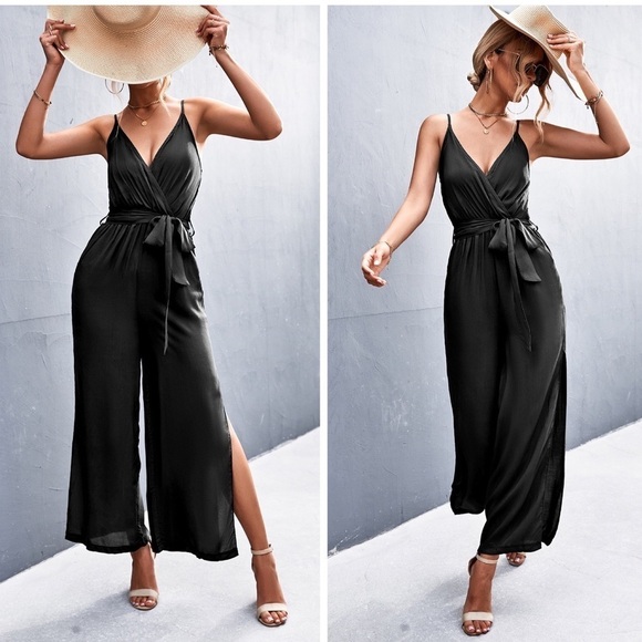 V-Neck Jumpsuit - Wide Leg - Picture 3 of 4